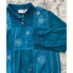Vtg Alfred Dunner Teal Pullover XL Embellished Floral Patchwork Stretch Collared